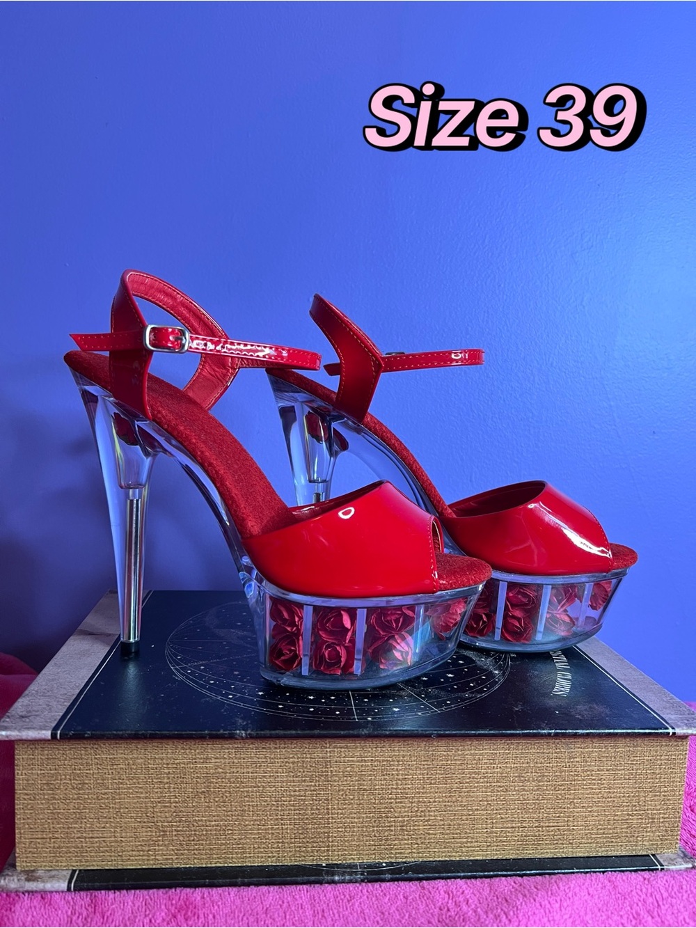 Red Clear Platform Peep-Toe Stilettos with Red Roses 5.5” Size 39